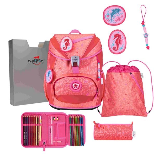DerDieDas Schulranzen Set ErgoFlex Light Superflash, Schulranzen Set, 5tlg, Coral Reef