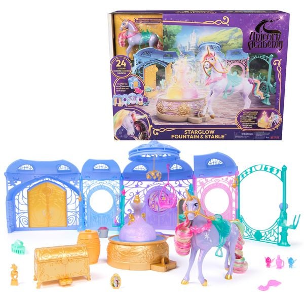 Unicorn Academy - Stall Spielset 90 cm inkl. Brunnen mit Licht- und Soundeffekten, ca. 12 cm großem Einhorn und 24 Accessoires