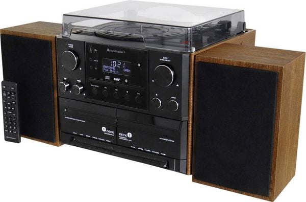 soundmaster MCD5600BR Stereoanlage Plattenspieler, DAB+, UKW, Bluetooth®, CD, Kassette, USB, 2 x 5 W Braun (Edelholzoptik matt)