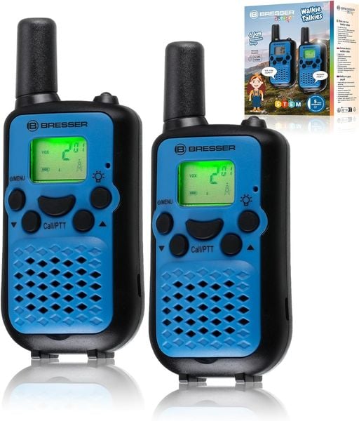 Bresser Junior 8811400 - Walkie Talkie 2er-Set, Funkgeräte mit hoher Reichweite bis zu 6km, Frei-Hand-Funktion und integrierter Taschenlampe, Blau/Schwarz, STEM