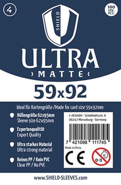 Shield Sleeves 1027376 - Shield Ultra Matte 4, 100 Super Sleeves für Kartengröße 59 x 92 mm, Spielkarten-Schutzhüllen