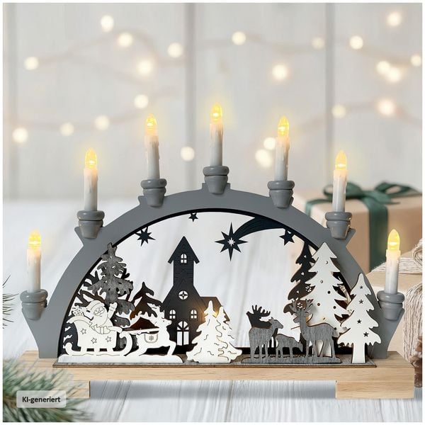 HTI-Living Moderner Schwibbogen LED Holz Grau mit Weihnachtsmotiv und 7 LED Kerzen
