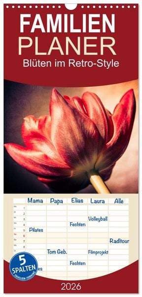 Familienplaner 2026 - Blüten im Retro-Style mit 5 Spalten (Wandkalender, 21 x 45 cm) CALVENDO