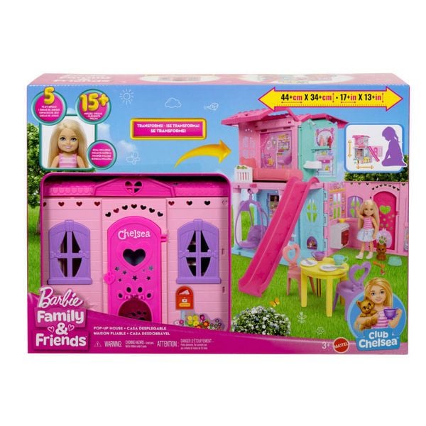 Barbie Chelsea Pop-up-Puppenhaus mit Puppe und über 15 Accessoires, Haus erweitert sich auf über 42 x 33 cm