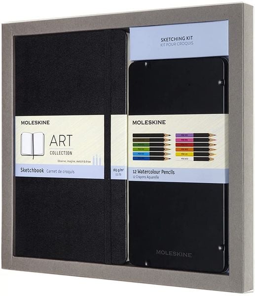 Moleskine Skizzen - Set - Aquarell Large/A5, Skizzenbuch: Hard Cover, Schwarz; Aquarellstifte - Set