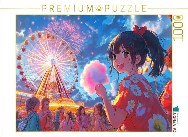 CALVENDO Puzzle Kawaii Anime Sommerfest - Riesenrad und Feuerwerk in Shoujo-Stil mit Yukata 1000 Teile Lege-Größe 64x48cm Foto-Puzzle für glückliche Stunden