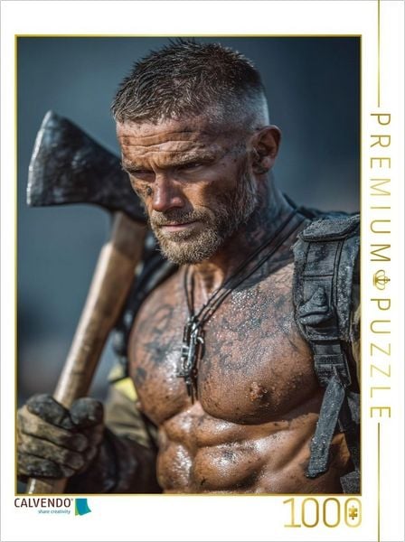 CALVENDO Puzzle Heißer Feuerwehrmann mit Axt und nacktem Oberkörper 1000 Teile Lege-Größe 64x48cm Foto-Puzzle für glückliche Stunden