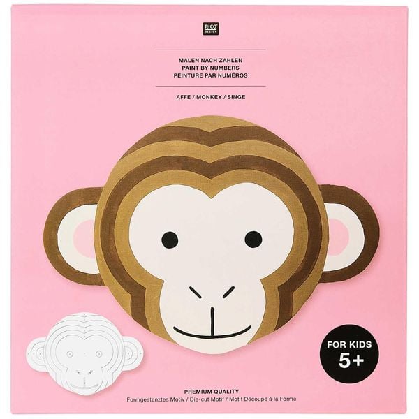 Malen nach Zahlen Set, Affe , Inhalt: 1 Malkarton, 6 Acrylfarben für ein Motiv, 3 Pinsel, 1 Malpalette