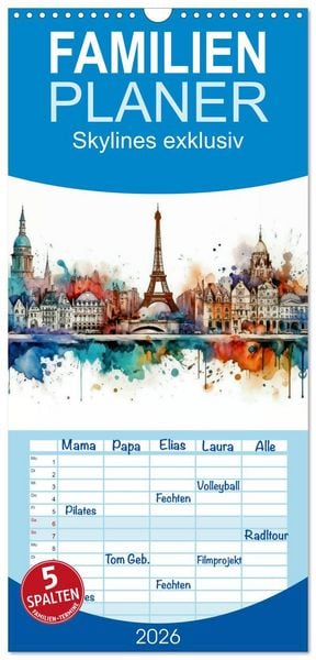 Familienplaner 2026 - Skylines exklusiv mit 5 Spalten (Wandkalender, 21 x 45 cm) CALVENDO