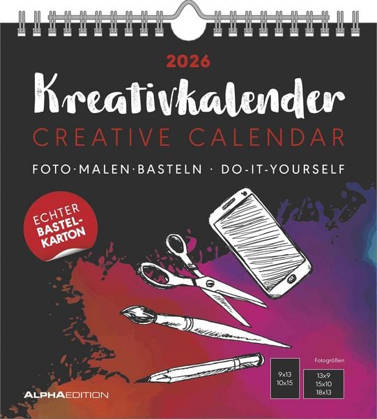 Kreativ-Kalender schwarz 2026 - 21x22 cm - Foto, Malen, Basteln - datiert - Kreativkalender - Foto-Kalender - Alpha Edition