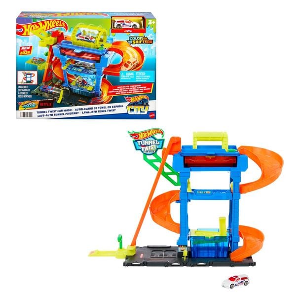Hot Wheels City Farbwechsel-Tunnelautowaschanlage und Farbwechselfahrzeug im Maßstab 1:64