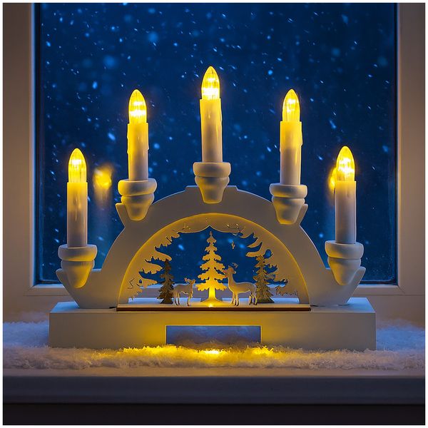 HTI-Living LED Schwibbogen weiß mit Rehen im Wald Batteriebetrieben