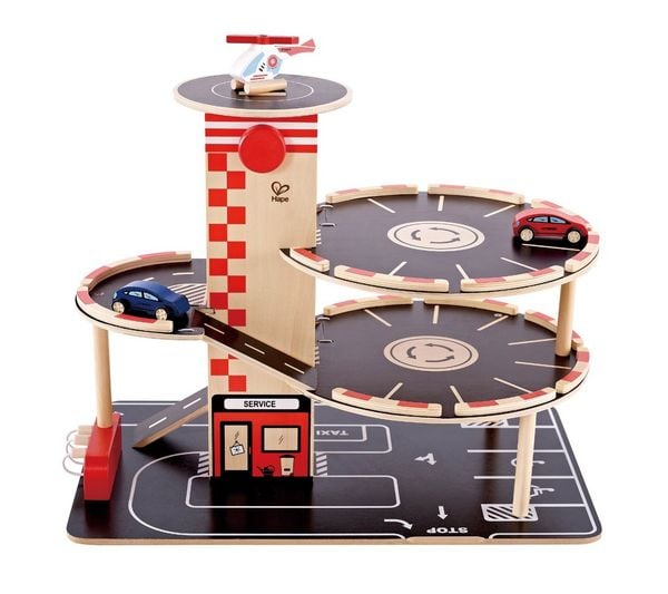Hape E3002 - Parkhaus Spieleset aus Holz, ink. Autos + Hubschrauber