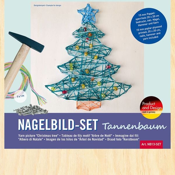 PEBARO NB13-SET - Nagelbild-Set Tannenbaum, Fadenbild, 20x20cm, Bastelset