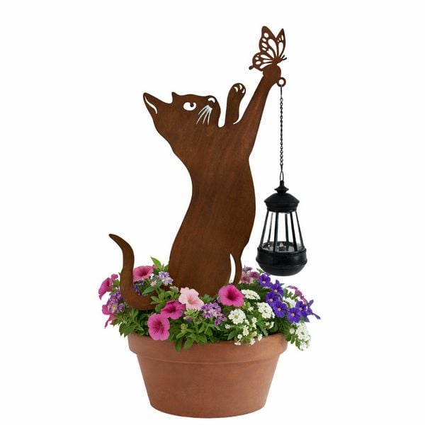 HTI-Living Gartenstecker Katze mit Lampe Metall Rostoptik Gartendeko mit Laterne