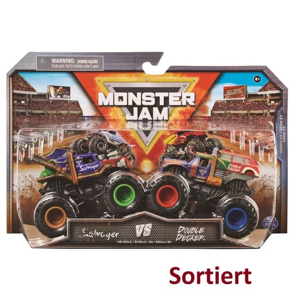 Monster Jam Original Monster Jam Zweier-Pack mit authentischen Monster Trucks im Maßstab 1:64 (Sortierung mit verschiedenen Designs, Zufallsauswahl)