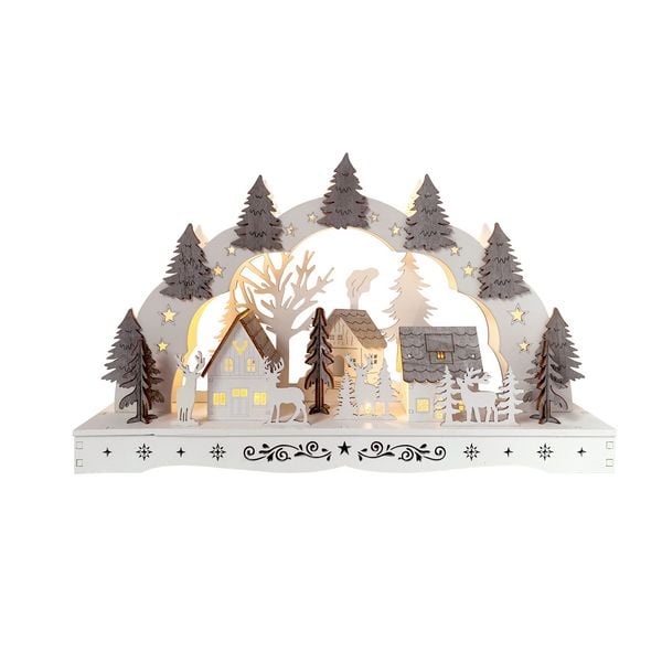 HTI-Living Schwibbogen Dorf mit Tannen Weiß Grau