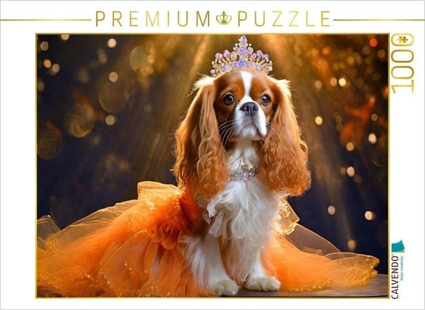 CALVENDO Puzzle Cavalier King Charles Spaniel trägt orangefarbenes Abendkleid mit Tüll und Krone 1000 Teile Lege-Größe 64x48cm Foto-Puzzle für glück
