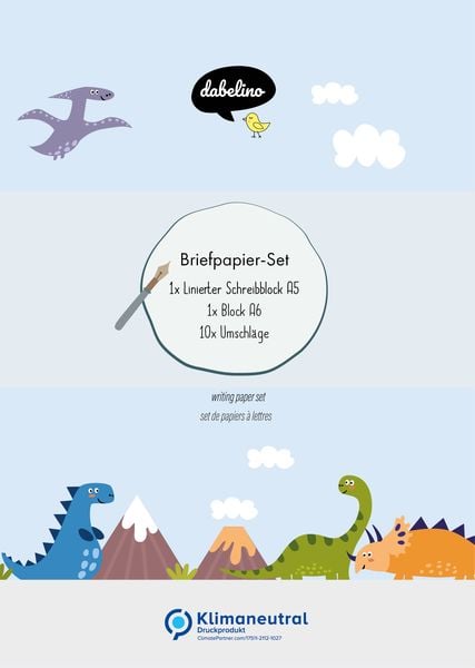 Liniertes Briefpapier-Set für Kinder: Dinosaurier (für Jungen, blau)