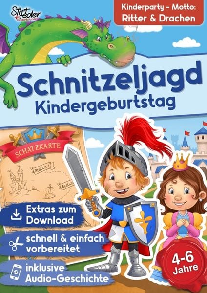 Schnitzeljagd Kindergeburtstag mit Audio-Geschichte 'Ritter Rumpel und der Drachenschatz' für Kinder von 4-6 Jahren