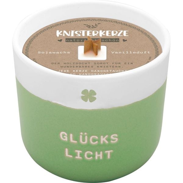 Kerze mit Gravur 'Glücks Licht': Kerze im Becher, mit Holzdocht