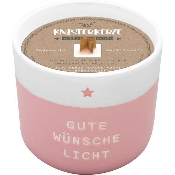 Kerze mit Gravur 'Gute Wünsche Licht': Kerze im Becher, mit Holzdocht