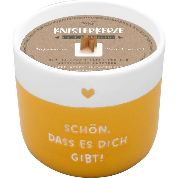 Kerze mit Gravur 'Schön, dass es dich gibt': Kerze im Becher, mit Holzdocht