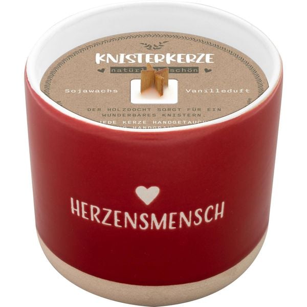 Kerze mit Gravur 'Herzensmensch': Kerze im Becher, mit Holzdocht