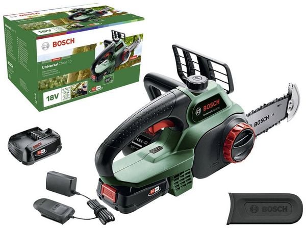 Bosch Home and Garden UniversalChain 18 Akku Kettensäge inkl. Akku, mit Schutzbügel Schwertlänge 200 mm