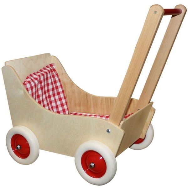 Holz-Puppenwagen karo rot / weiß, ca. 50 cm