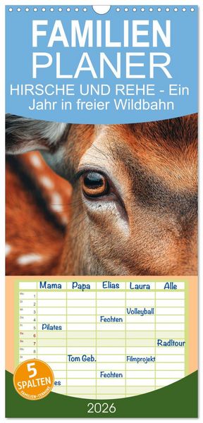 Familienplaner 2026 - HIRSCHE UND REHE - Ein Jahr in freier Wildbahn mit 5 Spalten (Wandkalender, 21 x 45 cm) CALVENDO