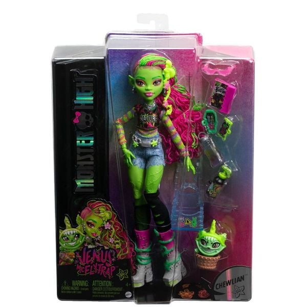 Monster High Venus McFlytrap-Modepuppe mit Haustier Chewlian und Zubehör