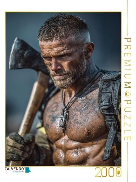 CALVENDO Puzzle Heißer Feuerwehrmann mit Axt und nacktem Oberkörper 2000 Teile Lege-Größe 90x67cm Foto-Puzzle für glückliche Stunden