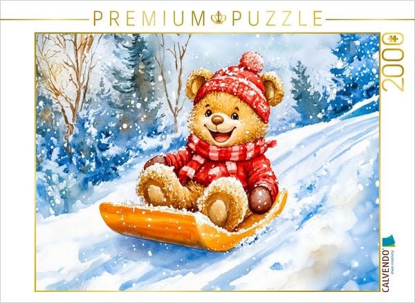 CALVENDO Puzzle Teddy rodelt mit Schlitten im Winter 2000 Teile Lege-Größe 90x67cm Foto-Puzzle für glückliche Stunden