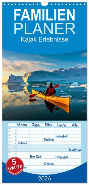 Familienplaner 2026 - Kajak Erlebnisse mit 5 Spalten (Wandkalender, 21 x 45 cm) CALVENDO