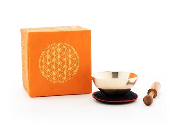 Mini-Klangschale in orangener Box mit 'Blume des Lebens' Aufdruck