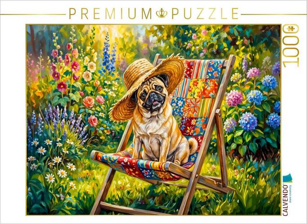 CALVENDO Puzzle Mops im Gartenstuhl mit Strohhut am Blumenbeet Puzzle 1000 Teile Lege-Größe 64x48cm Foto-Puzzle für glückliche Stunden