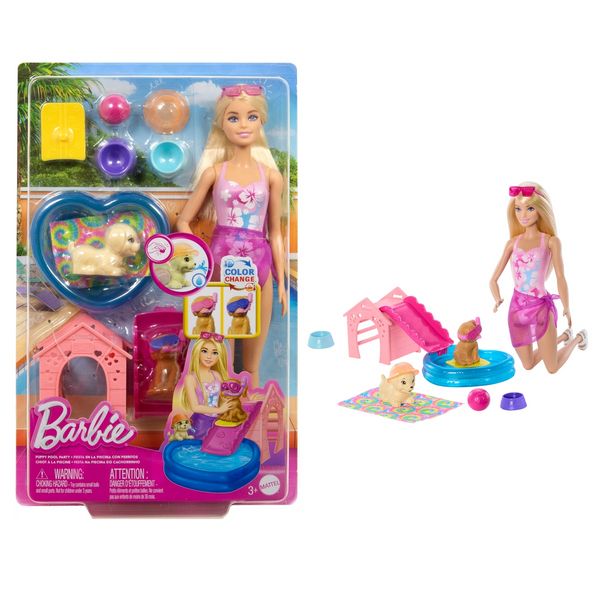Barbie Pool Party-Spielset für Welpen mit Puppe, Hundehütte und Rutsche, 2 Tierfiguren und 6 Zubehörteilen