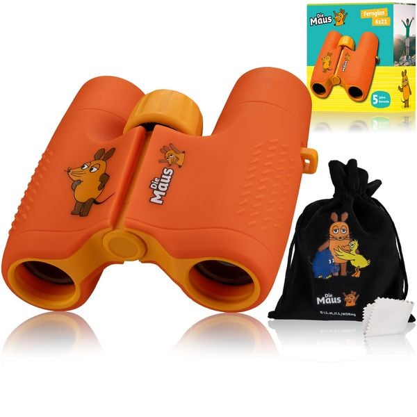 Bresser 12691 - DieMaus Kinder-Fernglas (orange) mit 6-facher Vergrößerung, mit Beutel