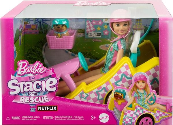 Barbie Stacie Rennfahrerin-Puppe mit Gokart-Spielzeugauto, Hündchen, Zubehör und Stickerbogen