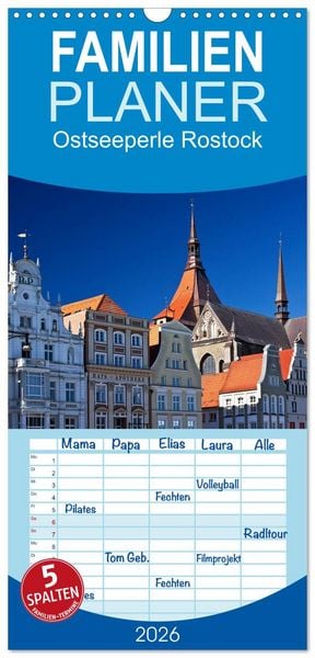 Familienplaner 2026 - Ostseeperle Rostock mit 5 Spalten (Wandkalender, 21 x 45 cm) CALVENDO