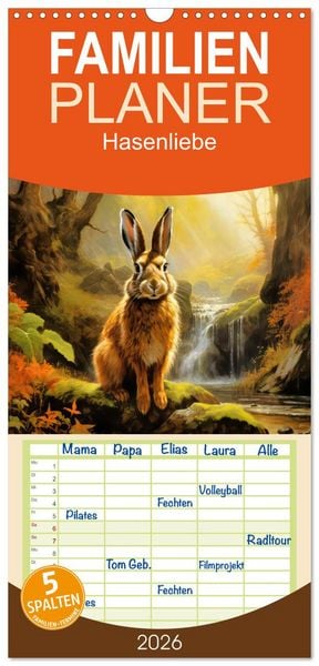 Familienplaner 2026 - Hasenliebe mit 5 Spalten (Wandkalender, 21 x 45 cm) CALVENDO