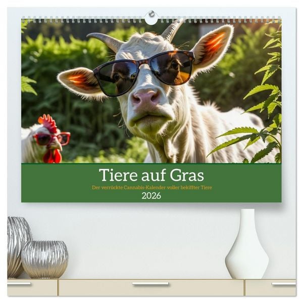 Tiere auf Gras - Der verrückte Cannabis-Kalender voller bekiffter Tiere (hochwertiger Premium Wandkalender 2026 DIN A2 quer), Kunstdruck in Hochglanz