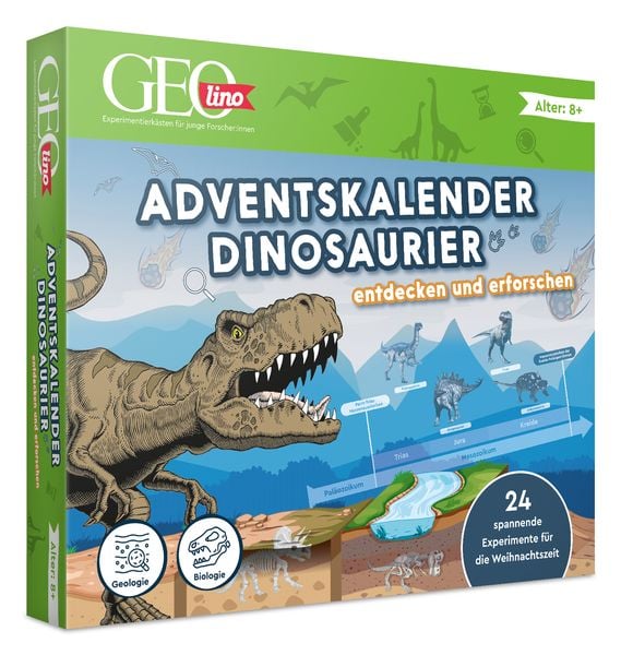FRANZIS 67205 - GEOlino Adventskalender Dinosaurier - entdecken und erforschen. 24 spannende Experimente für die Weihnachtszeit, für Kinder ab 8 Jahren.