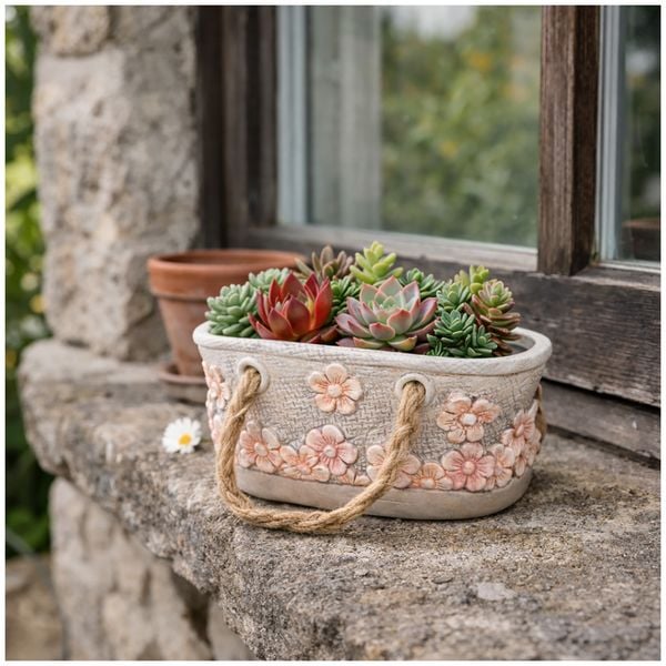 HTI-Living Keramik Pflanzgefäß 'Tasche' Kordel, Blüten Keramik Pflanzgefäß 'Tasche' Kordel, Blüten