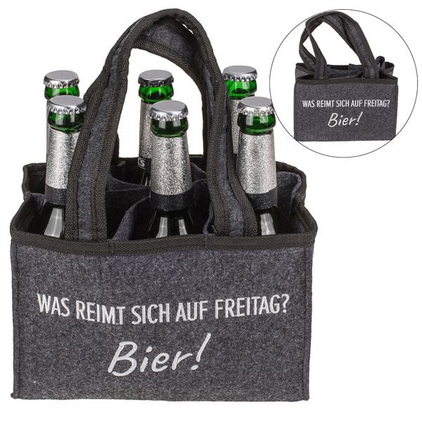 Bier- und Flaschentasche aus Filz mit 6 Fächern, Was reimt sich auf Freitag-Bier