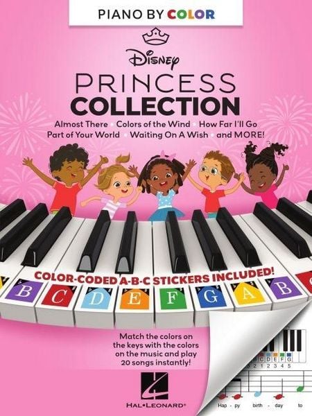 Piano-By-Color - Disney Princess Collection Piano Sheet Music Songbook by Various Color Coded Notation with Matching Stickers 20 Disney Princess Songs and Bonus Activities for Kids