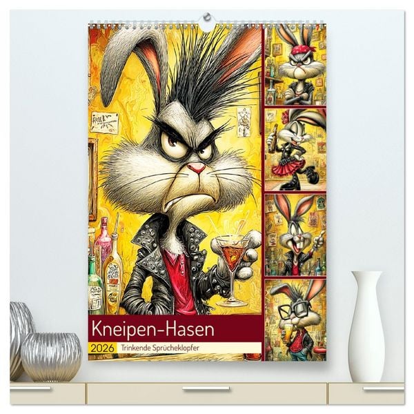 Kneipen-Hasen. Trinkende Sprücheklopfer (hochwertiger Premium Wandkalender 2026 DIN A2 hoch), Kunstdruck in Hochglanz