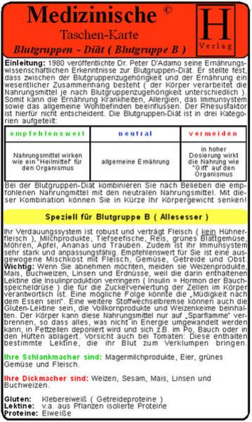 Blutgruppen-Diät - Blutgruppe B - Medizinische Taschen-Karte