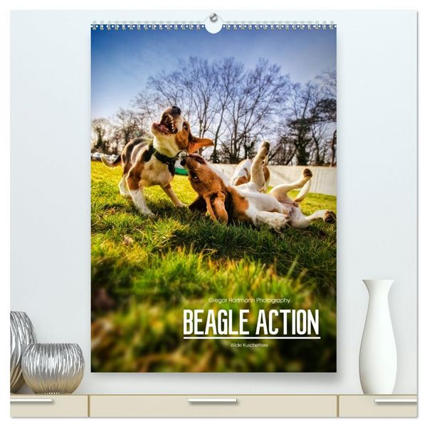 Beagle Action - Wilde Kuscheltiere (hochwertiger Premium Wandkalender 2026 DIN A2 hoch), Kunstdruck in Hochglanz